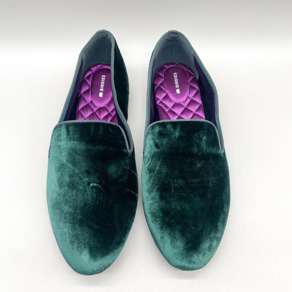 Birdies Womens 12W Wide Starling Smoking Slipper Loafers Green Velvet Elegant